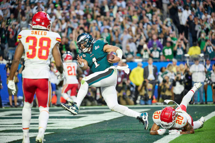 Against the Chiefs, Hurts became the second player—and first quarterback—to rush for three touchdowns in one Super Bowl.